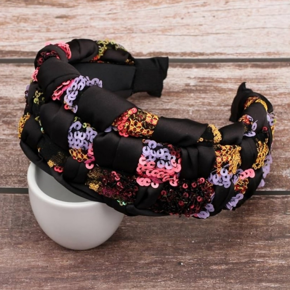 Elegant High-End Luxury Black and Multicolor Sequin Braided Headband